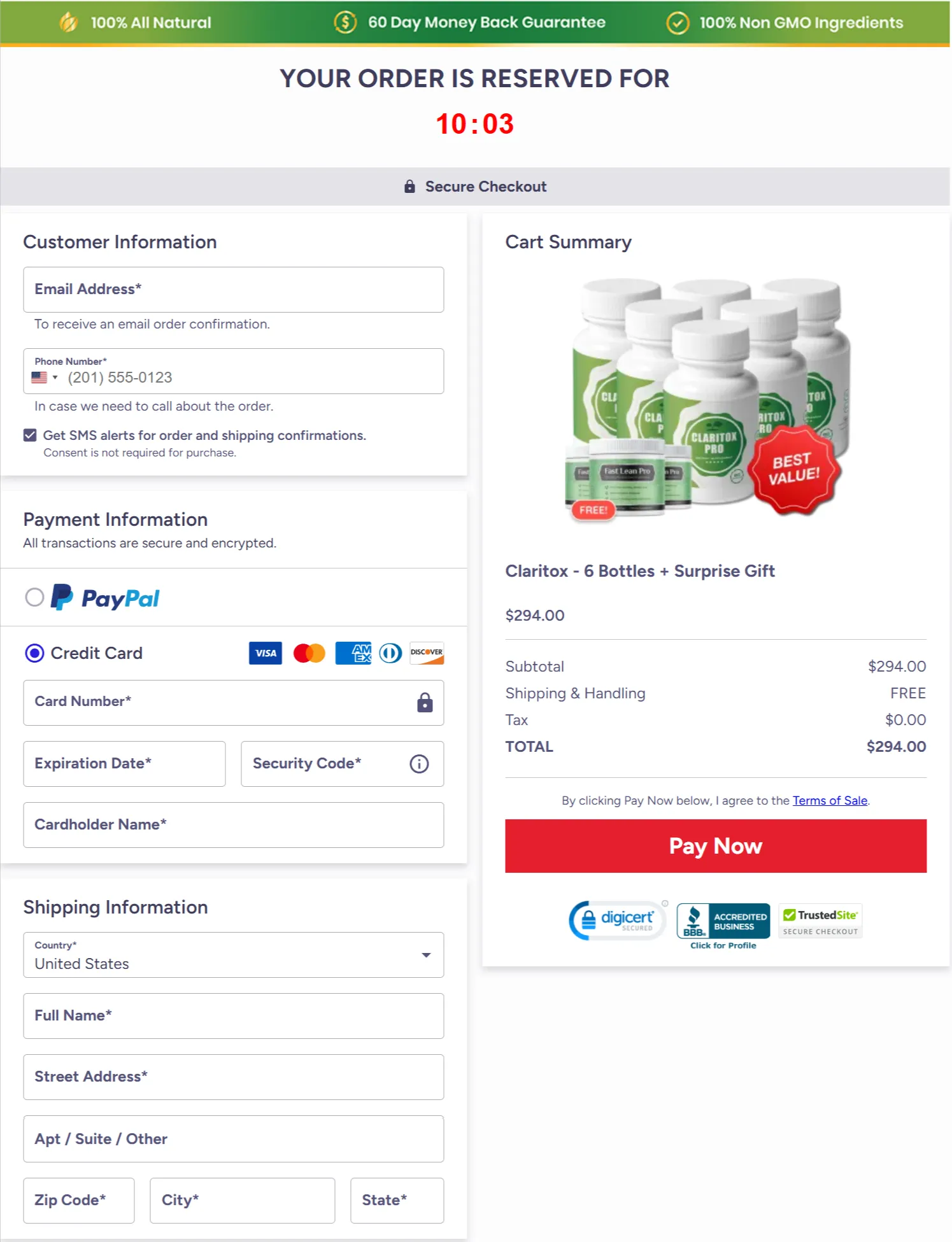 Claritox Pro checkout page